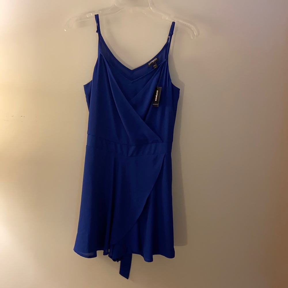 Express blue silky romper with belt tie